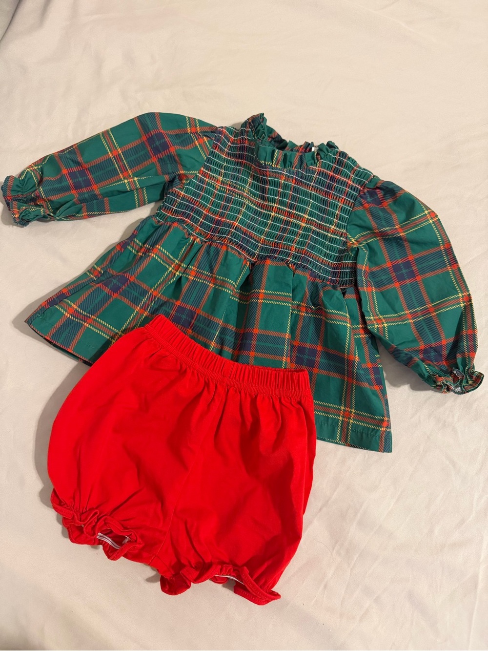 Kids Plaid Green Smocked Top with Red Bloomers - Matching Set